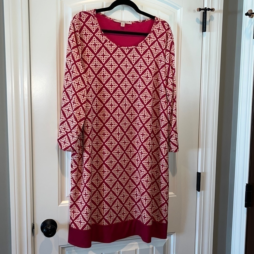 Dark pink orange and white trellis print dress 3/4 sleeve knee length career XXL